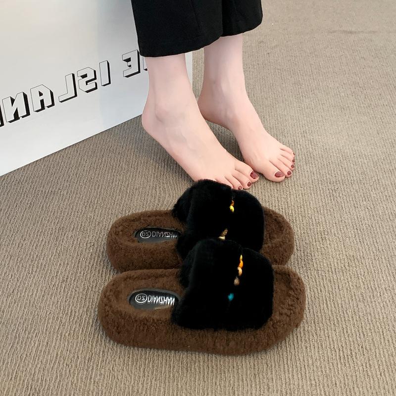 Thick-soled Fluffy Slippers Women's Outer Wear 2025 New Autumn Small Versatile Cotton Slippers Foreign Style Heightening Shoes
