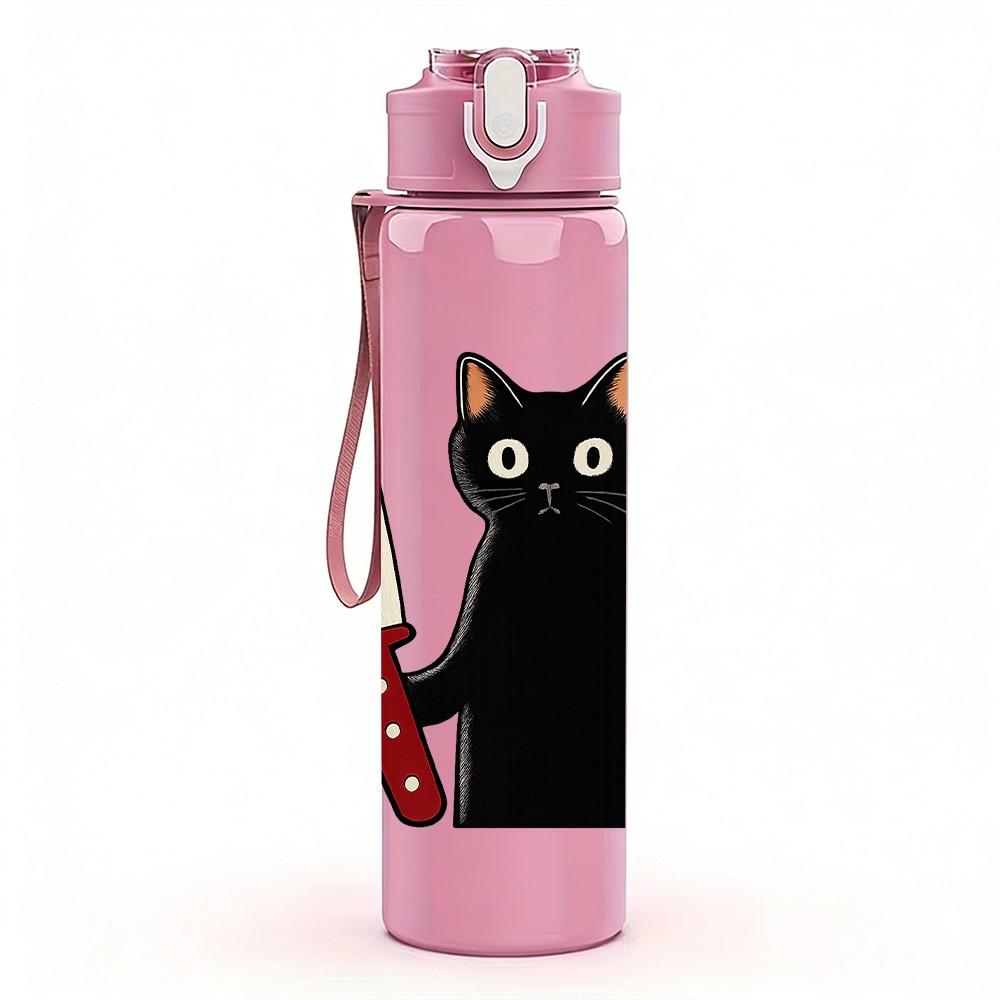 1PC Cat With Kitchen Knife 750ml Color Plastic Sports Water Bottle Leakproof Flip Straw Lid Suitable for Sports Office Home Use