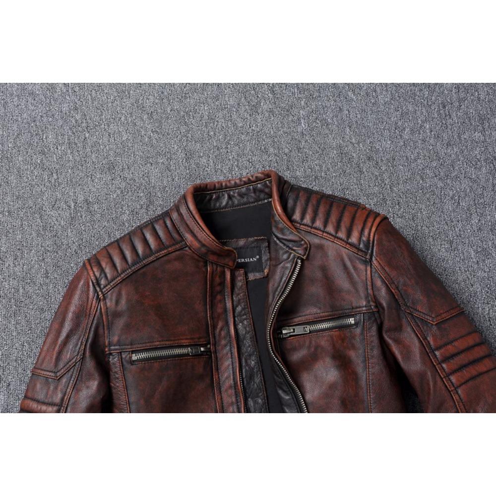 Chinese Size Vitnage Red Brown Men Leather Jacket Cowhide Leather Motorcycle Style Genuine Cow Jackets for Men Autumn