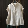 Johnature Women Vintage Shirts Summer Chinese Style Solid Color Sleeveless Turn-down Collar Button Casual Shirts