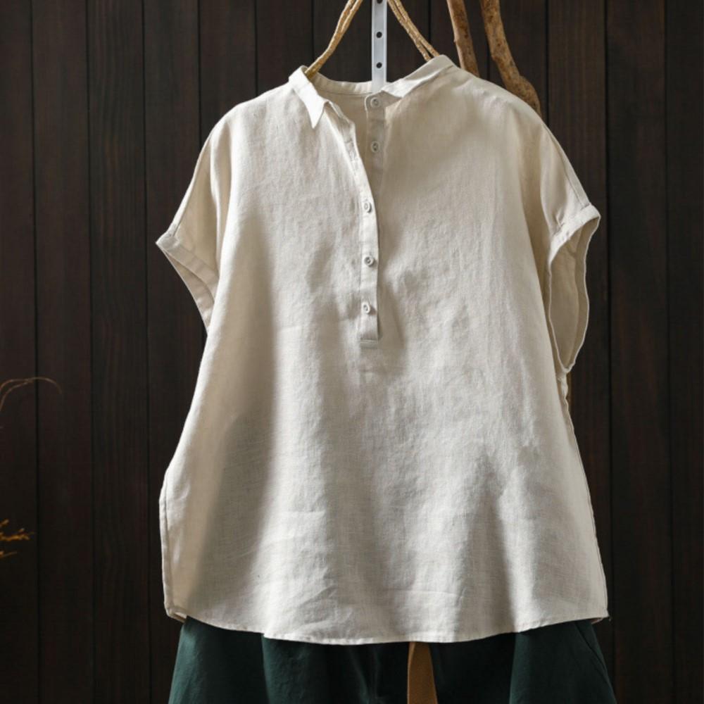 Johnature Women Vintage Shirts Summer Chinese Style Solid Color Sleeveless Turn-down Collar Button Casual Shirts