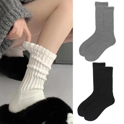 1 Pair Women Crew Socks Solid Color Ribbed Calf Scrunch Boot Socks Elastic Warm Socks Versatile Footwear Accessory