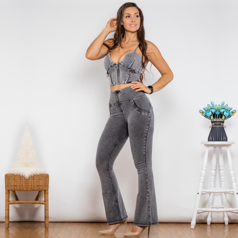 Shascullfites Shaper Anzug Body Reißverschluss Push Up Top Grau Jeans Top Hohe Taille Flare Jeans Set Frau 2 Stück