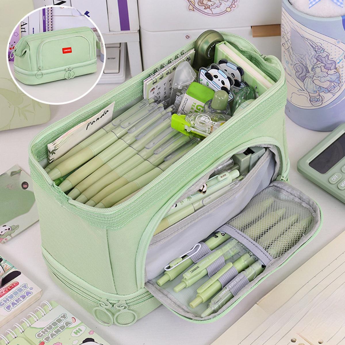 Schüler Doppellagiges Federmäppchen Große Kapazität Büro Schreibtisch Stifte Aufbewahrungsbox Schreibwaren Organizer Oxford Tasche hellgrüne