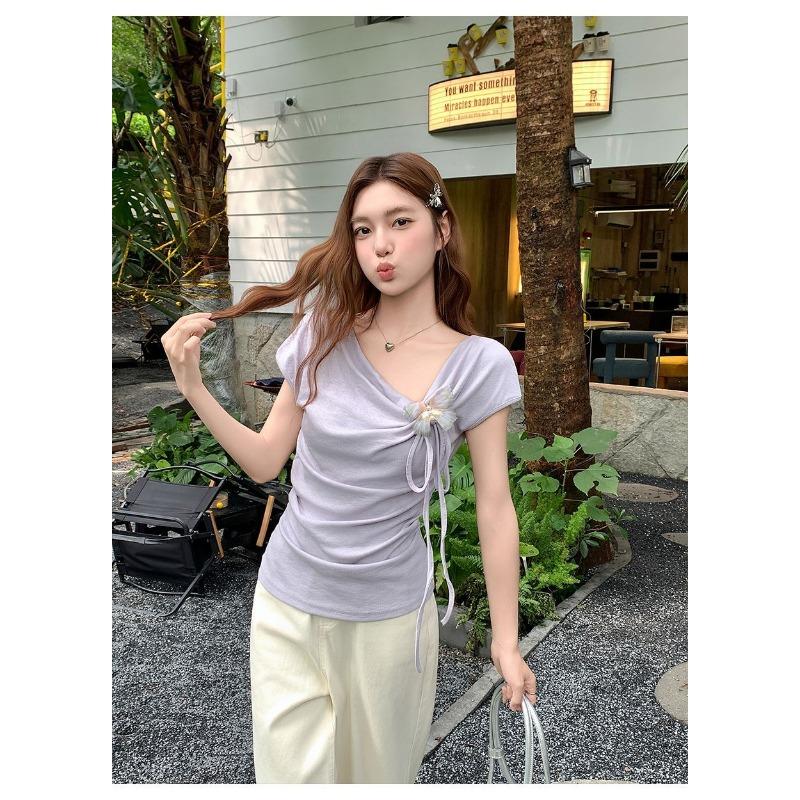 Swing Collar Slanted Shoulder Three-dimensional Bow Short-sleeved T-shirt Women's Summer Irregular Top