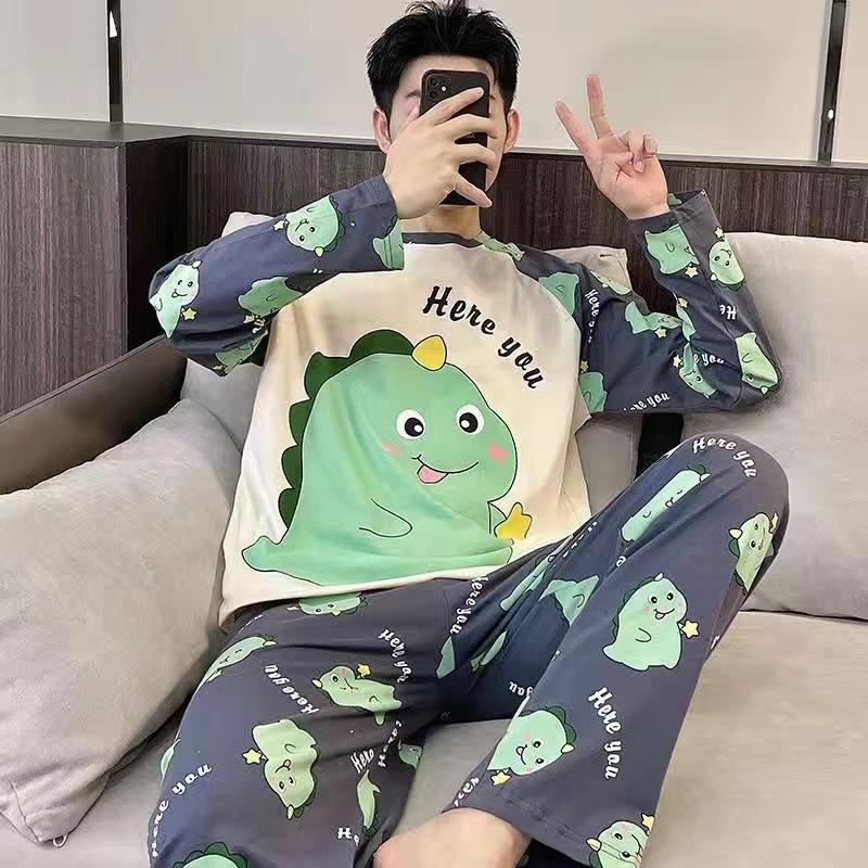 Spring and Autumn Men's New Pajamas Homewear Suit Teenage Sports Long-Sleeved Loose Leisure Large Size Pajamas Homewear Suit