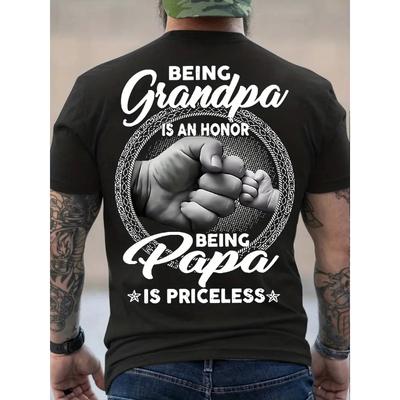 Men's Trendy T-shirt For Summer Outdoor, Casual "Being Grandpa Being Papa" Letter Print Slightly Stretch Crew Neck Tee Short
