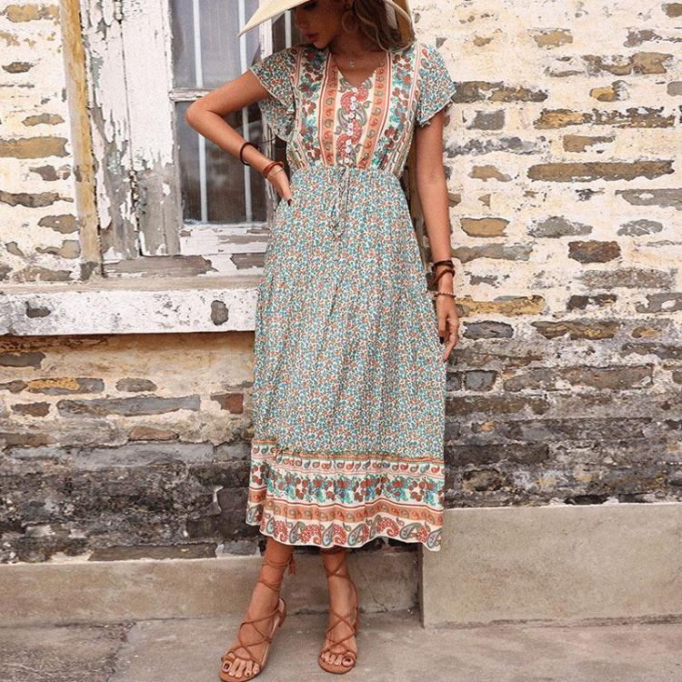 Women Retro Slim Fit Long Print Dress European American Style Summer Green