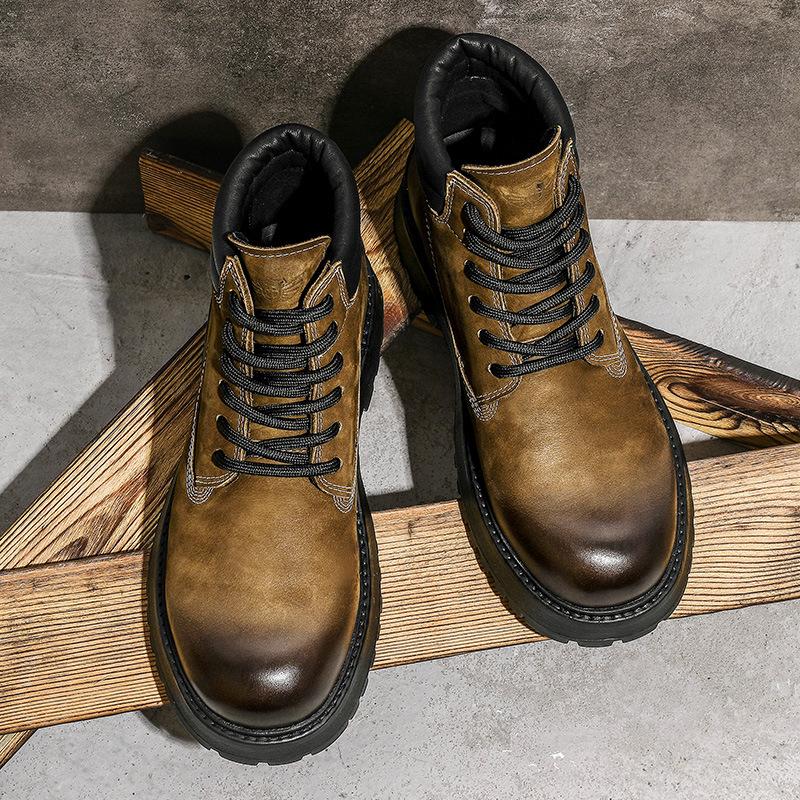 Desai First-Layer Cowhide Martin Boots Retro High-Top Wear-Resistant Leather Boots Thick-Soled Heightening British Style Tooling Boots Men