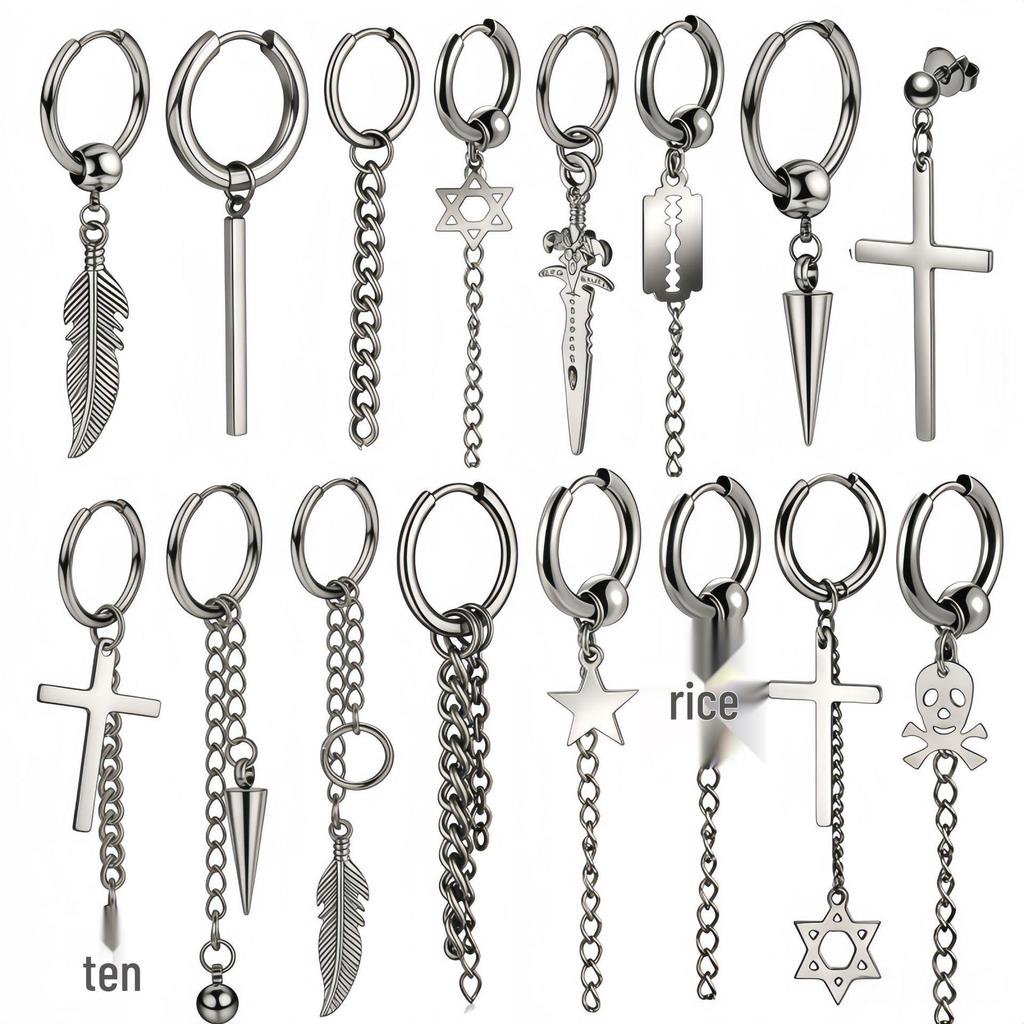 Korean Punk Black Titanium Steel Tassel Chain Cross Ear Clip Earrings