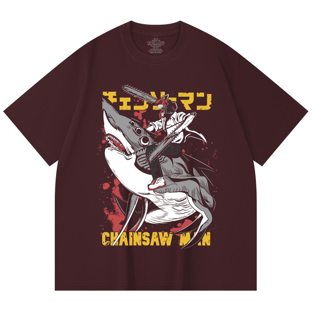 

230 Gsm 100% Cotton Chainsaw Man V43 Denji Print Unisex Heavy Cotton T Shirt 2XL вина червоного кольору