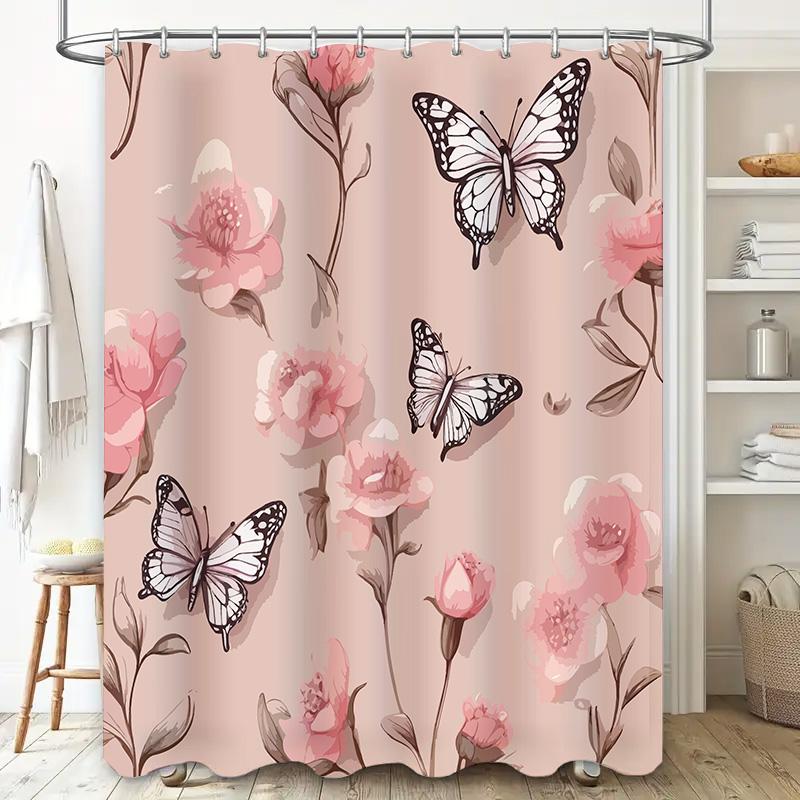 Luxury Pink Floral Shower Curtain With White Butterflies Decorative Bath Rug Set For Bathroom Decoration In Home Garden