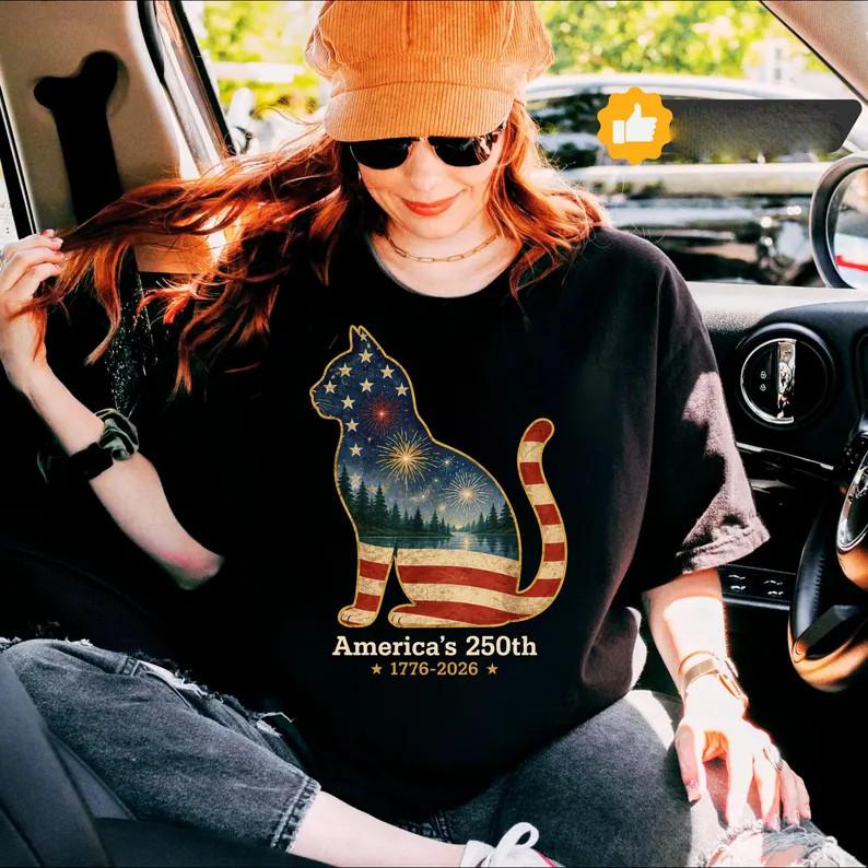 America’s 250th Cat Shirt, Patriotic Cat Graphic Tee, 1776 2026 Americana Cat T- 2XL