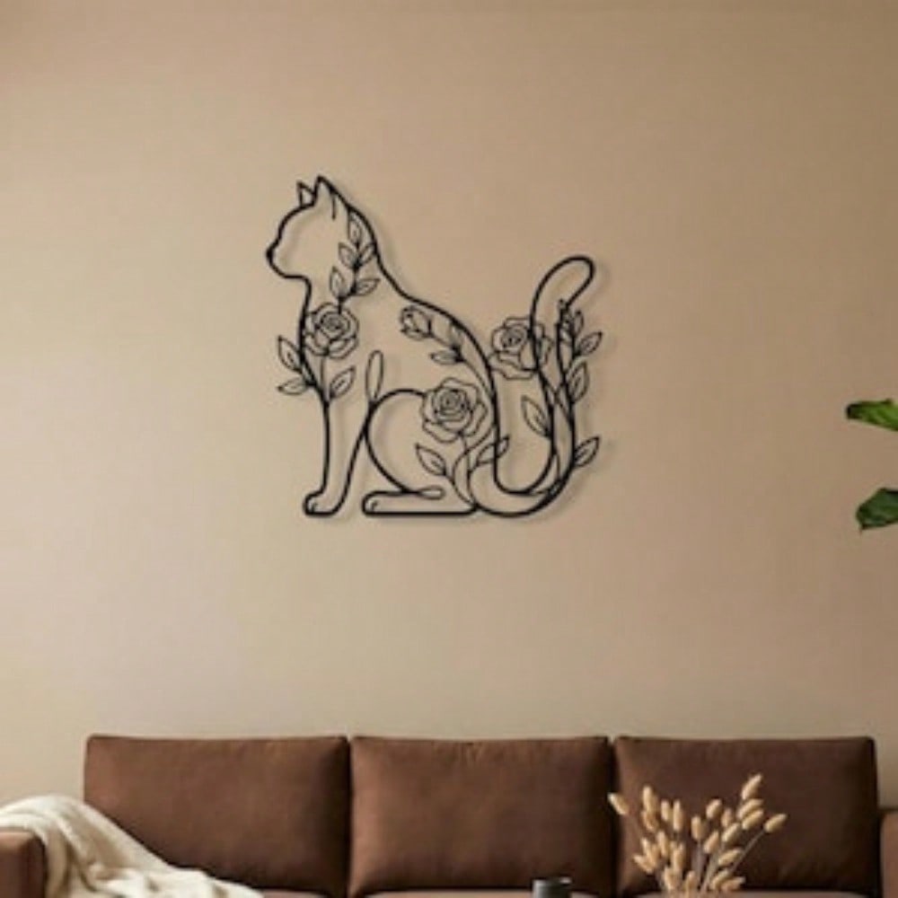 Floral Cat Metal Wall Art, Rose Silhouette Iron Sculpture, Minimalist Pet Lover Gift