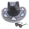 Solvanger Cowgirl Stråhatt Prismatisk Hatt med Bred Brem Vestlig Cowboyhatt med Iridescent Måne Stjerne/Hjerte Håndvevd Sol Strandhatt med Solbriller for Kvinner