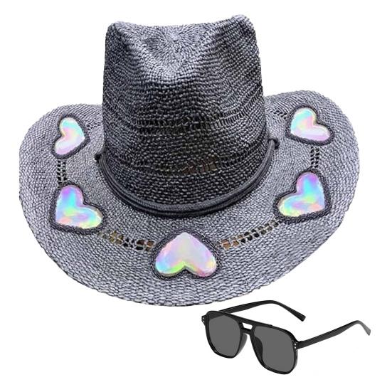 Solvanger Cowgirl Stråhatt Prismatisk Hatt med Bred Brem Vestlig Cowboyhatt med Iridescent Måne Stjerne/Hjerte Håndvevd Sol Strandhatt med Solbriller for Kvinner