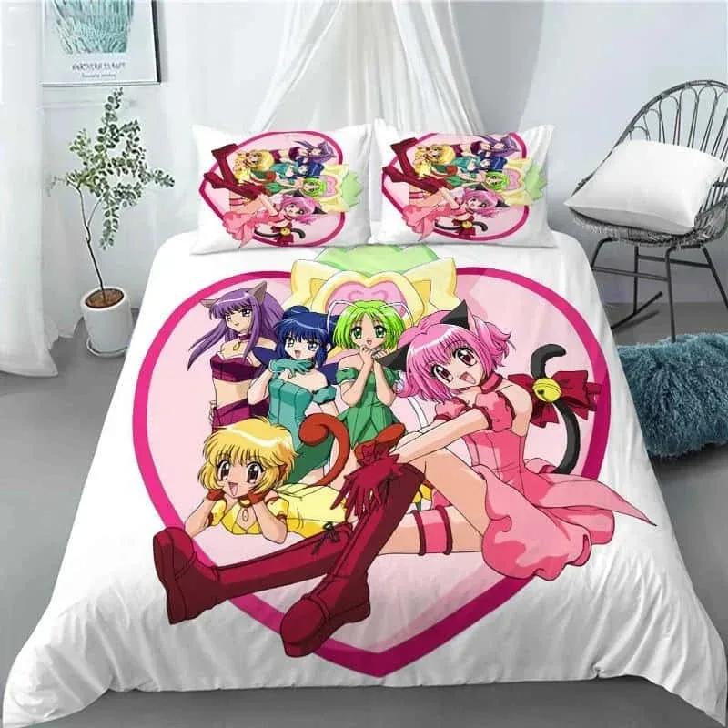 New 3D Anime Kawaii Girls Tokyo.Mew.Mew Bedding Set Printed With Pillowcase Bed Duvet Cover Soft Queen King Size Bedclothes Home