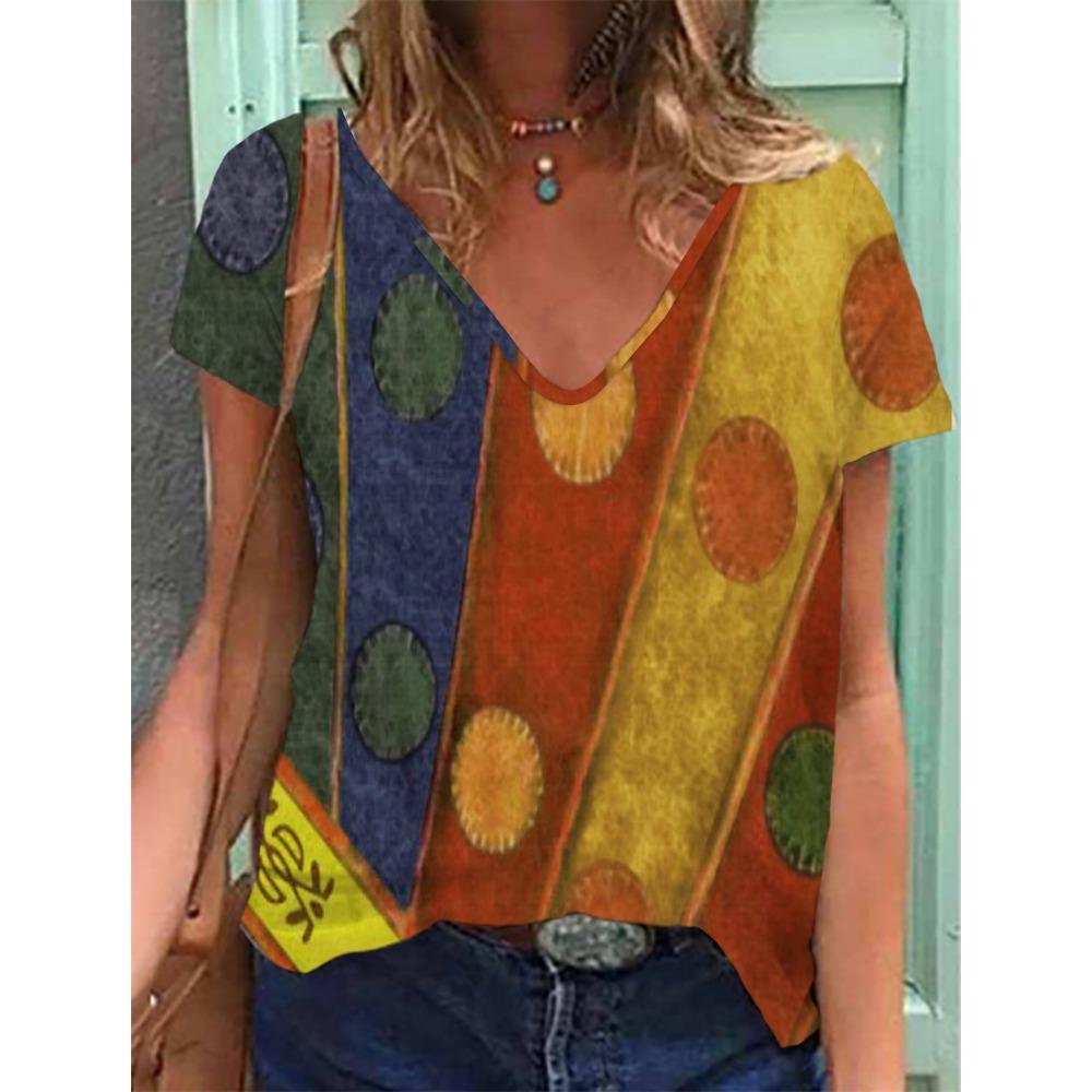 Women's T-shirts Summer Gradient Graphics Tops V Neck Fashion Female Vintage Clothing Floral Print