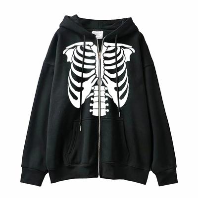 Hanorac gotic cu mânecă lungă, harajuku, cu schelet, pentru femei, Y2K, estetică, hip hop, haine vintage cu fermoar.