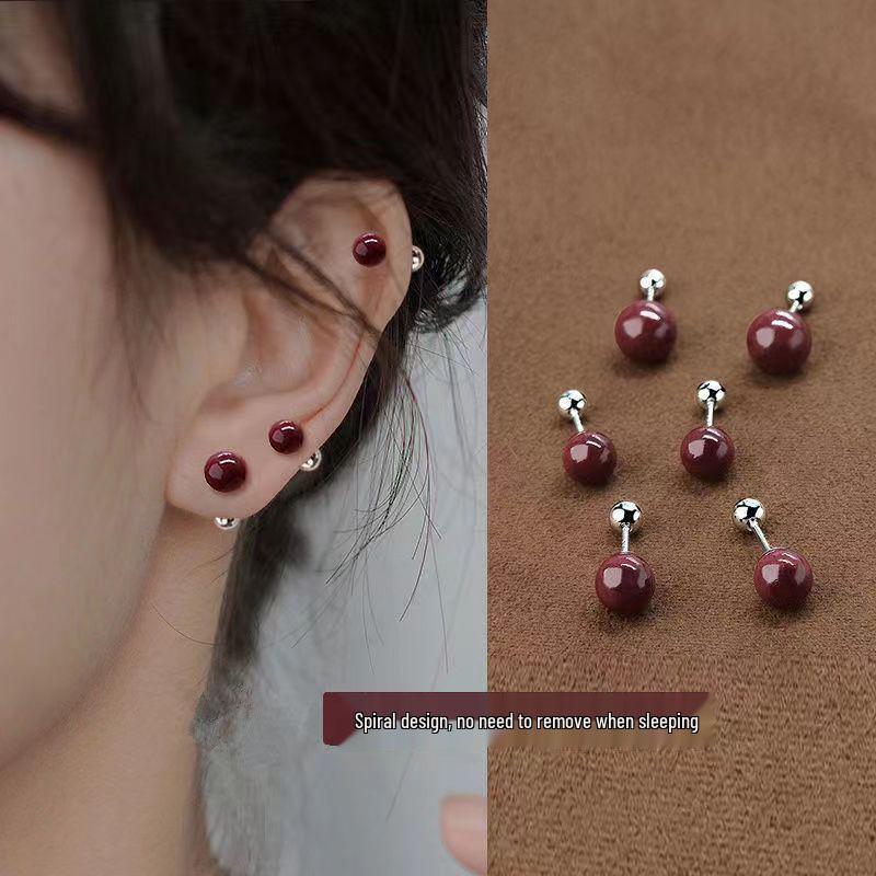 S925 Silver Needle Cinnabar Pearl Women's Cartilage Stud Earrings - Versatile Red High-End Design