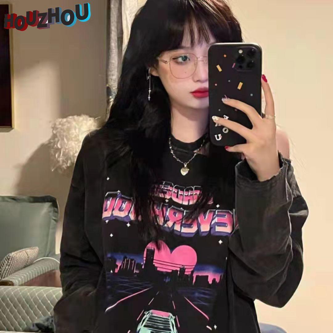 

Винтаж Харадзюку Женская негабаритная свободная футболка с длинным рукавом Корейская уличная одежда Повседневная хип-хоп принтовая выдолбленная футболка Топ для девочек Клуб BF Стиль