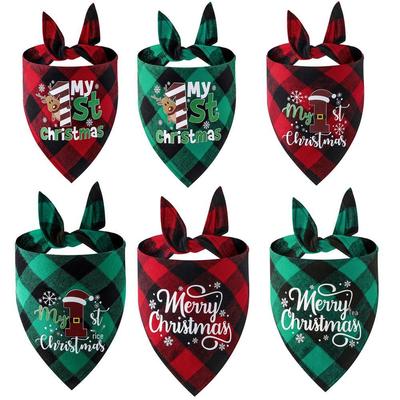 Festive Plaid Pet Drool Bib - All-Cotton Red, Black & Green Triangle Scarf