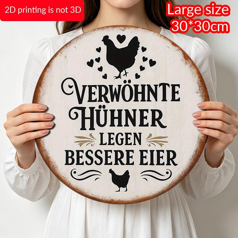 2D Flat, 1pc Vintage French Chicken Farmhouse Sign - Round German & French Phrase Metal Plaque with Rooster & Hen Silhouettes, "Hens Lay Eggs