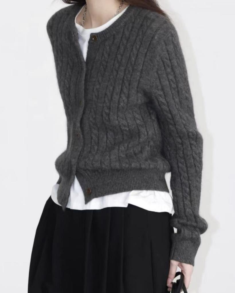 New twist woven single-breasted round neck simple temperament long-sleeved knitted cardigan women's knitted jacket