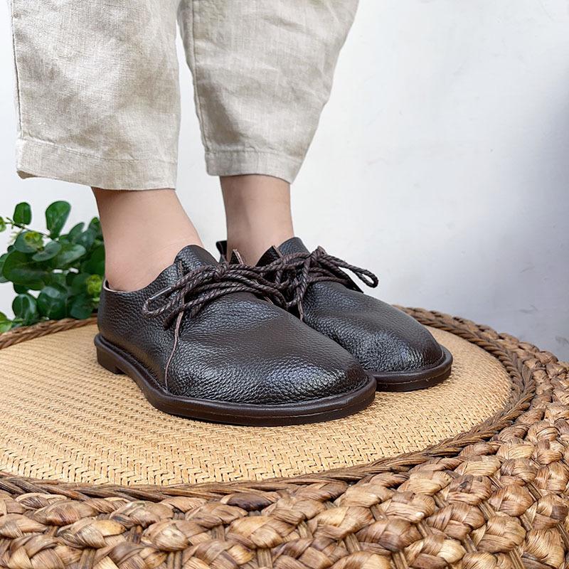 Johnature Chaussures plates à lacets en cuir véritable pour femmes, bout rond, décontractées, faites à la main, confortables, couleur unie