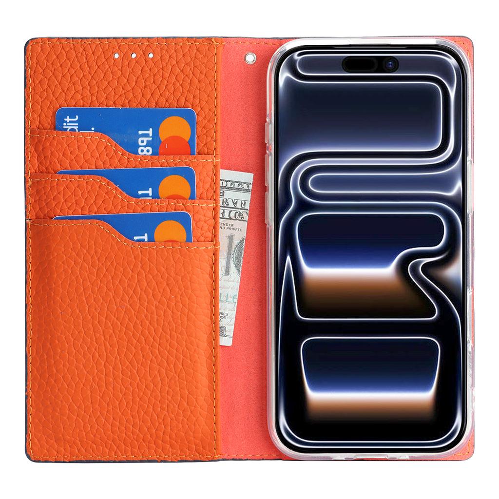For iPhone 17 Pro Max Wallet Case Genuine Cow Leather Phone Cover Litchi Texture