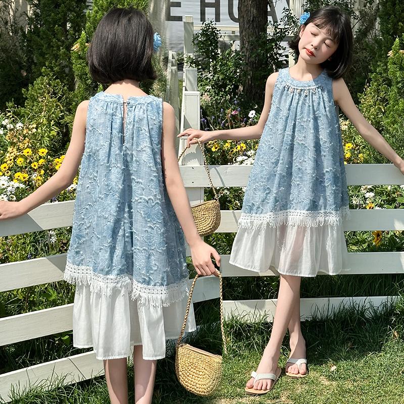 Girls' Dress Summer 2026 New Style Mid University Children's Stylish Tank Top Skirt Girls' Lace Holiday Beach Skirt Trendy