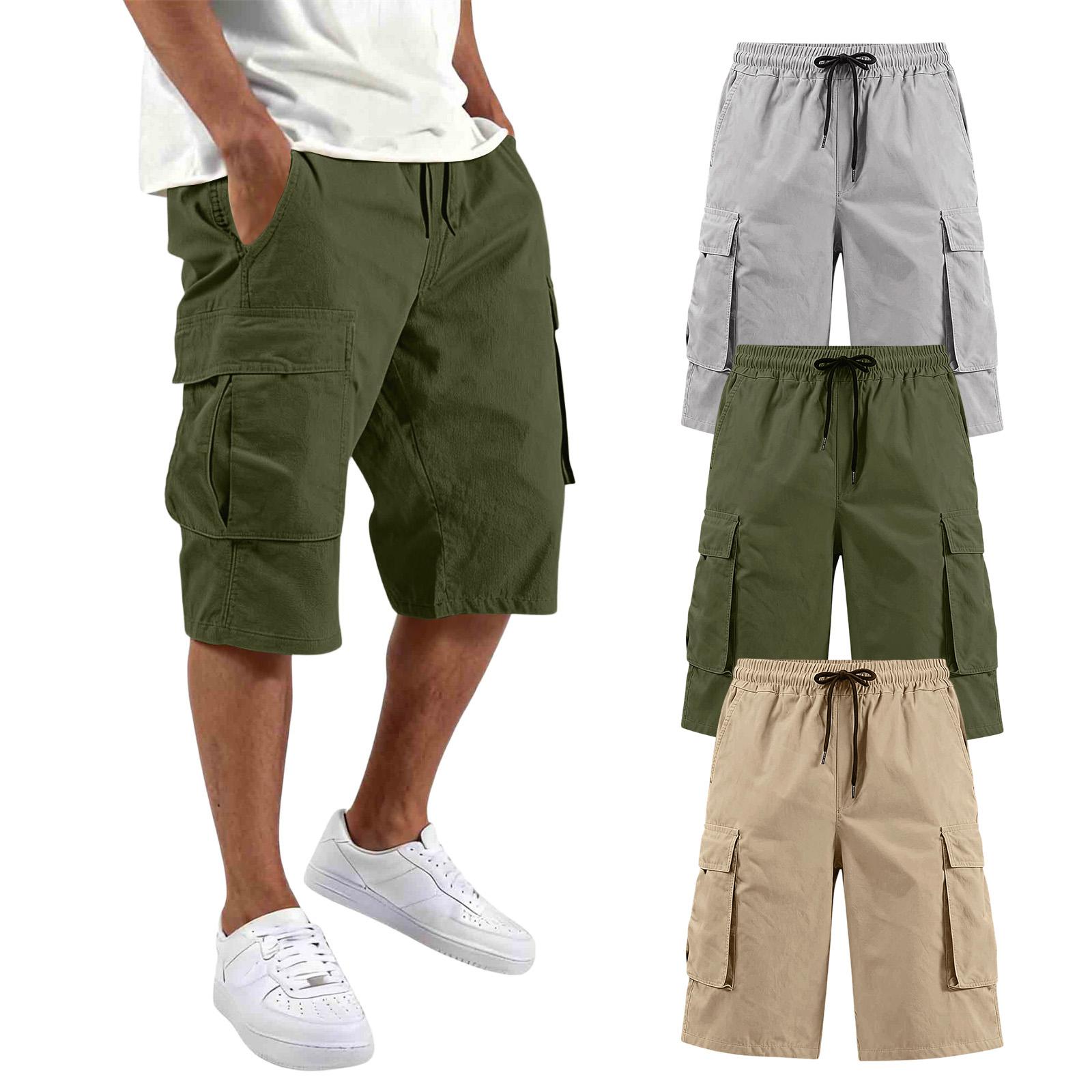 Mens Cargo Shorts 3 Pack Multi Pocket Drawstring Waist Casual Loose Fit Workwear Shorts for Outdoor Activities L