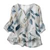 Women Henley Neck Button Front Cotton Linen Shirt with Leaf Print Three Quarter Sleeves Relaxed Fit Blouse Top