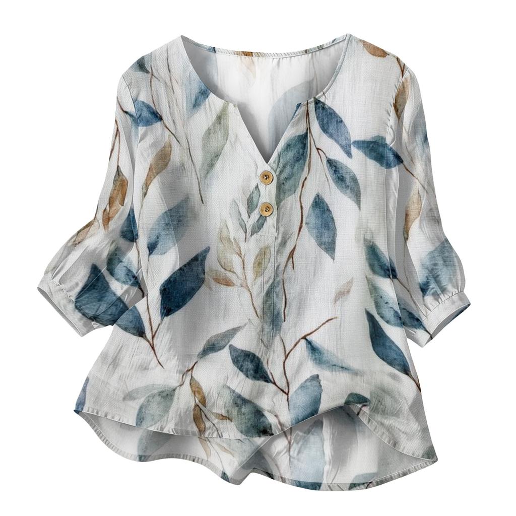Women Henley Neck Button Front Cotton Linen Shirt with Leaf Print Three Quarter Sleeves Relaxed Fit Blouse Top