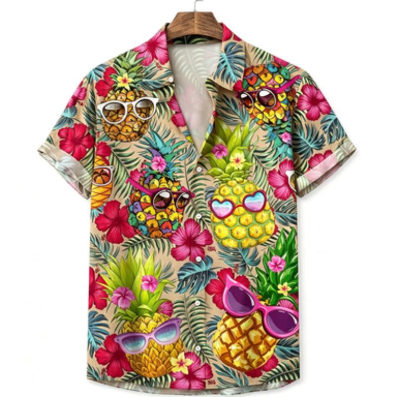 Men's short sleeved shirt with collar and short sleeved shirt, sunglasses, pineapple printed Hawaiian hibiscus flower