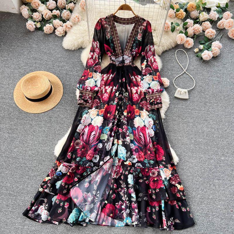 Palace Style Elegant Slim Looking Dress Printed Mesh