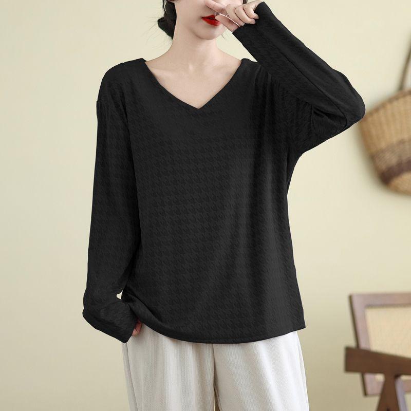 Autumn New Style V-neck Jacquard Women's Spliced Pullover Loose T-shirt Bottoming Long-sleeved Top