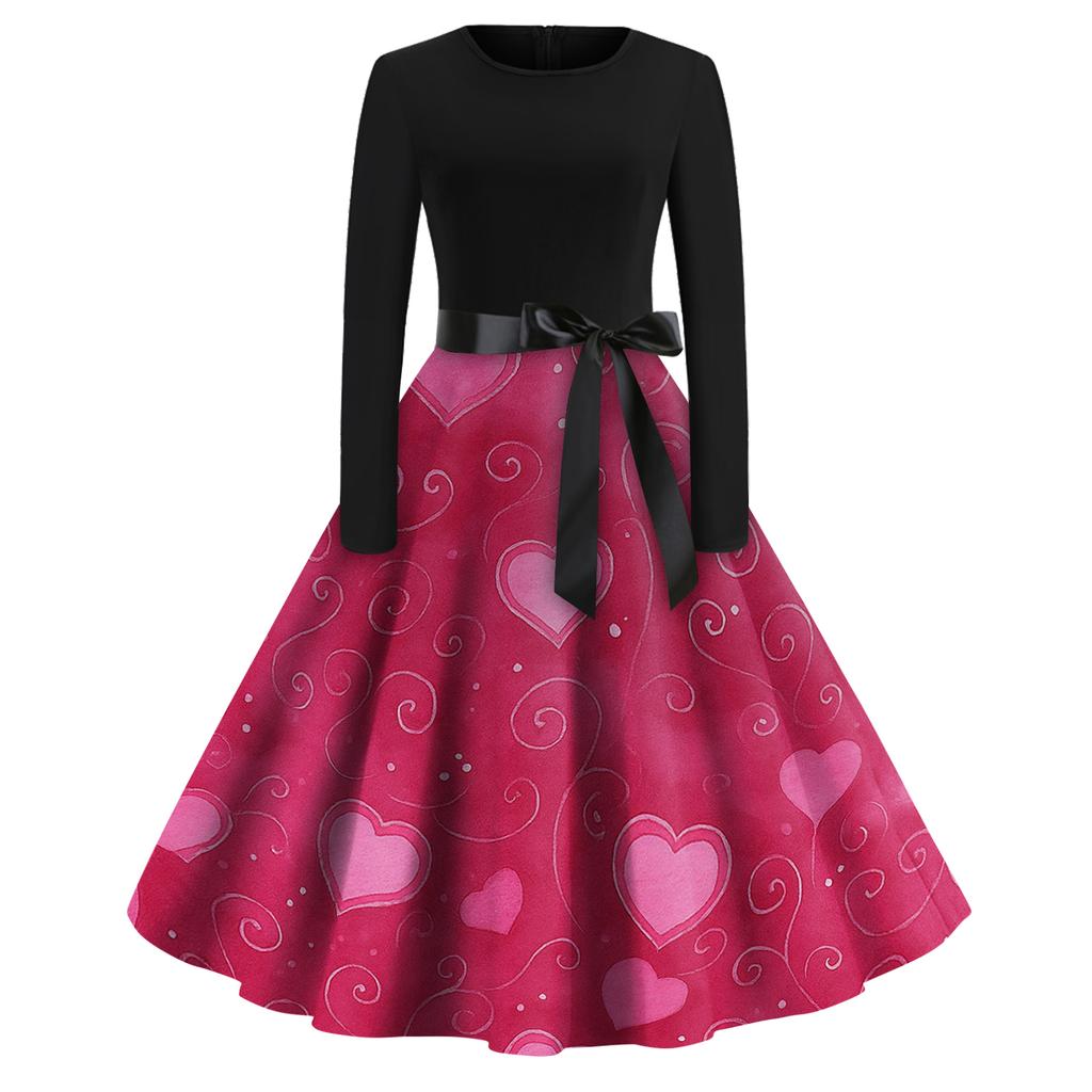 Women's Fashion Round Casual Slim Fit  Print Large Swing Long Sleeve Dress