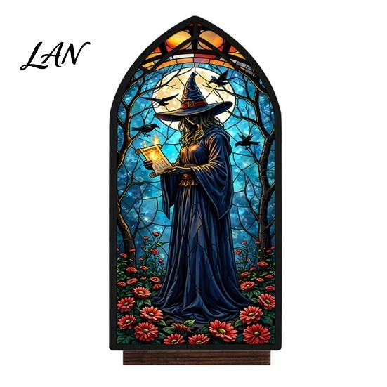 UV Printed Halloween Decor Candle Holder, Gothic Stained Glass Style Translucent Panel Lamp Retro Spooky Candlestick, Tabletop Atmosphere Ornament for