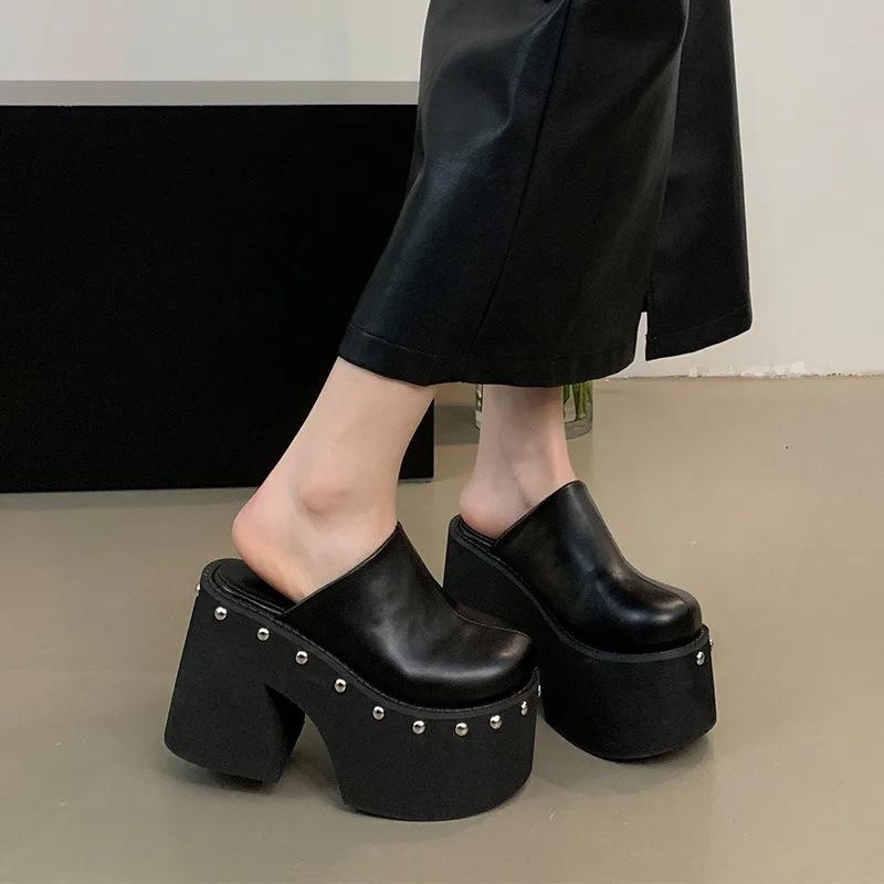 Fashion 11cm PU Leather Women Fashion High Heels Pumps Platform Wedge Summer Black Round Big Toe Ladies Sandals Big Size Slippers Shoes