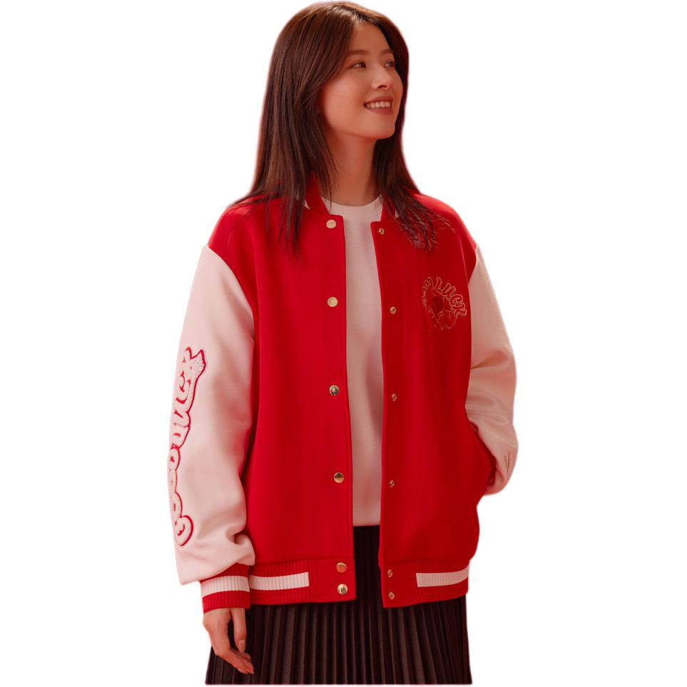 Anta Drachenjahr Serie Einreihig Dick Warm Rundhals Langarm Baseballjacke Damenjacken Tiefrot 162418708N-2