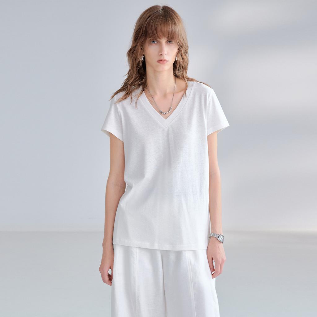Leichter Luxus einfaches Hanf V-Ausschnitt T-Shirt Damen Sommer kühl atmungsaktiv Baumwolle und Leinen kurzärmelig Pendeln Vorderseite Schulter erfrischend vielseitig zu