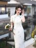1011 spring and summer new composite lace embroidered lace medium and long cheongsam retro Republic of China style beige and elegant cheongsam