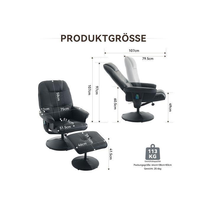 Fauteuil de massage avec fonction inclinable, chauffage et repose-pieds, fauteuil TV relax en tissu PU, rotation à 360°, noir