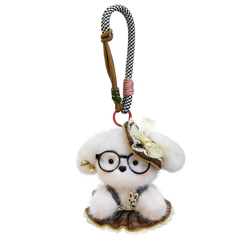 Cartoon Cute Glasses Puppy Plush Pendant – Soft Barley Dog with Skirt and Colorful Rope Doll