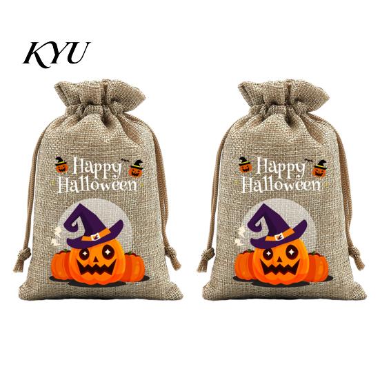 Lightweight Candy Carriers 2Pcs Halloween Pumpkin Drawstring Bags for Treats, Retro Burlap Pattern Party Favors Trick or Treat Bags, Portable