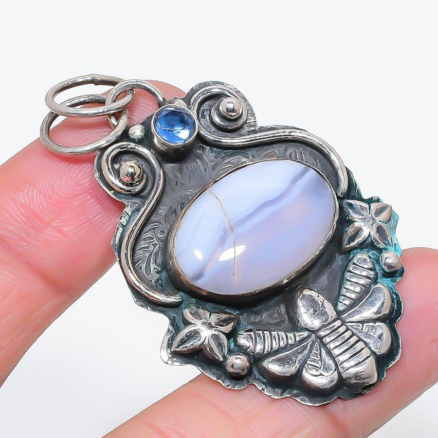 

Натуральный голубой кружевной агат, топаз, ювелирная подвеска из серебра 925 пробы 2,25 B8N05