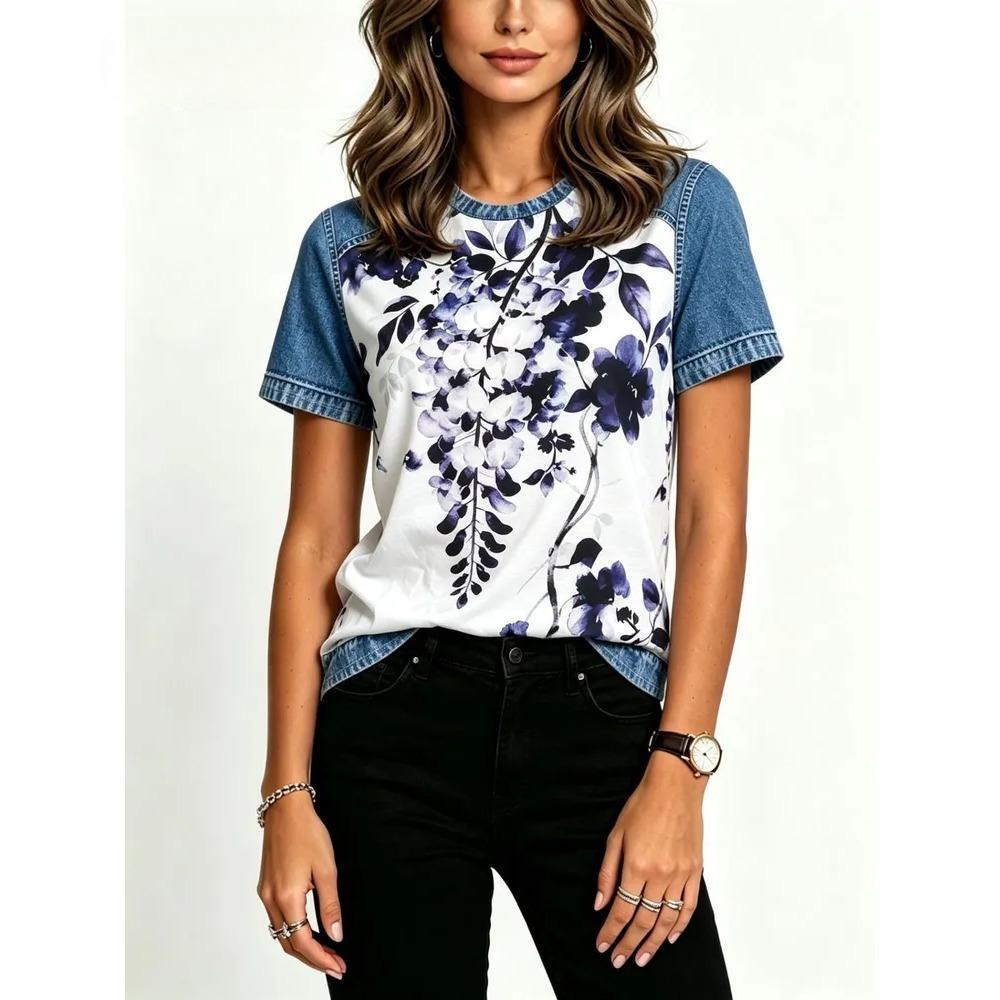 Summer Denim Pattern 3D Print Loose Short Sleeve T-shirt Breathable Women Casual Comfortable Creative Versatile Sports T-shirt