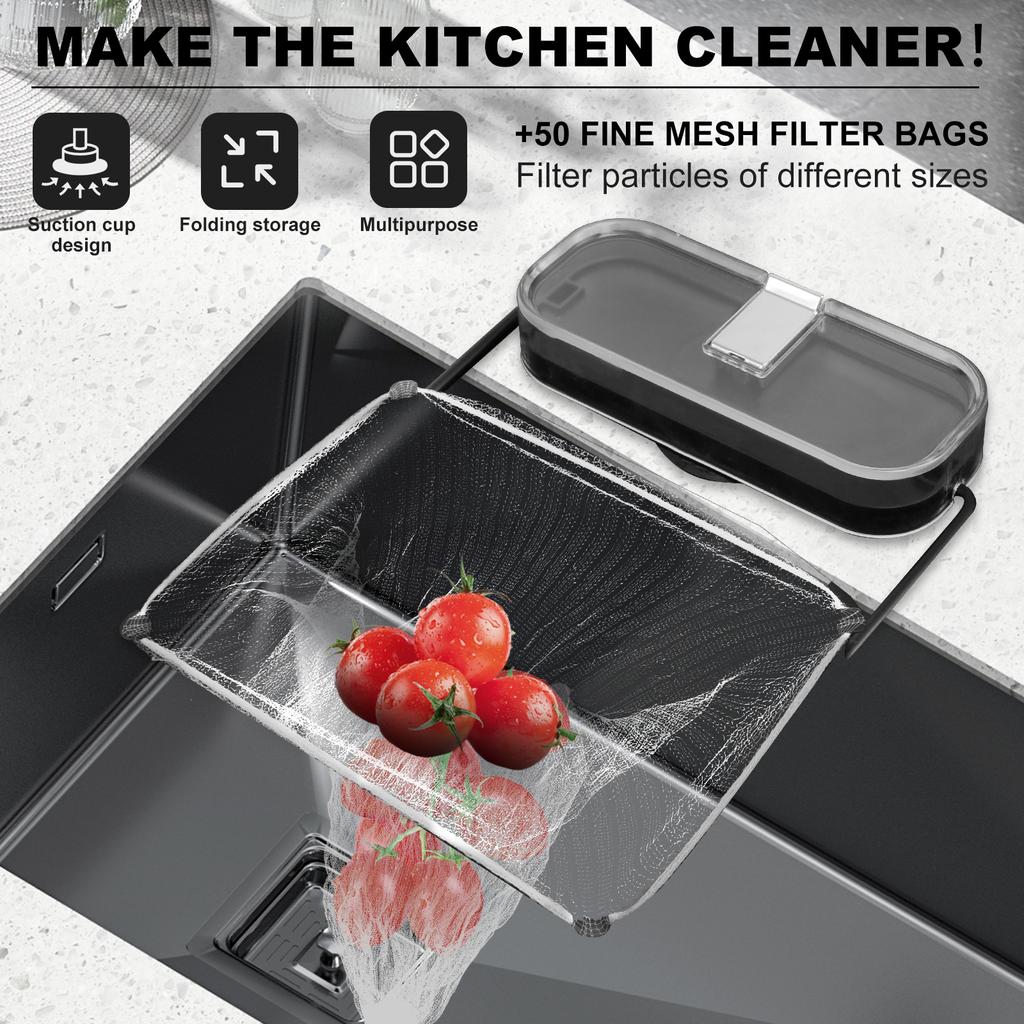 1/2Pcs Suction Cup Sink Filter Rack with 50/100 Filter Mesh Bag Folding Sink Food Catcher Filter Reusable Kitchen Sink Food