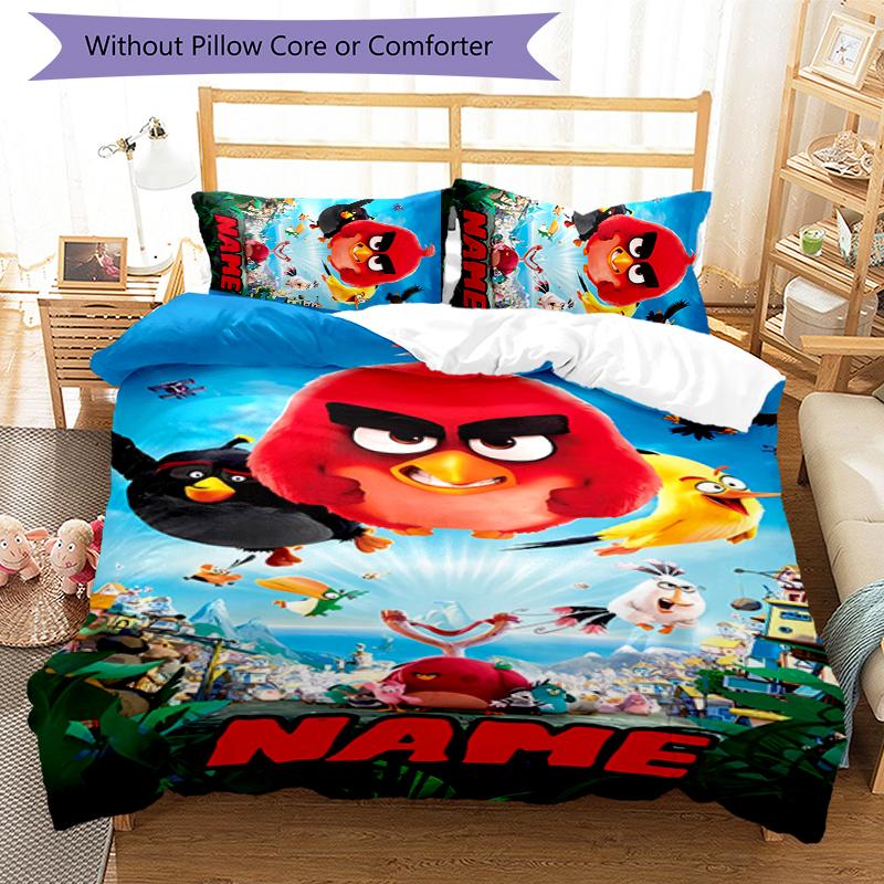 3pcs Custom Name Angry Birds game Bedding Set Duvet Cover Closure Includes 1 Duvet Cover & 2 Pillowcases for All Seasons Bedroom Decor